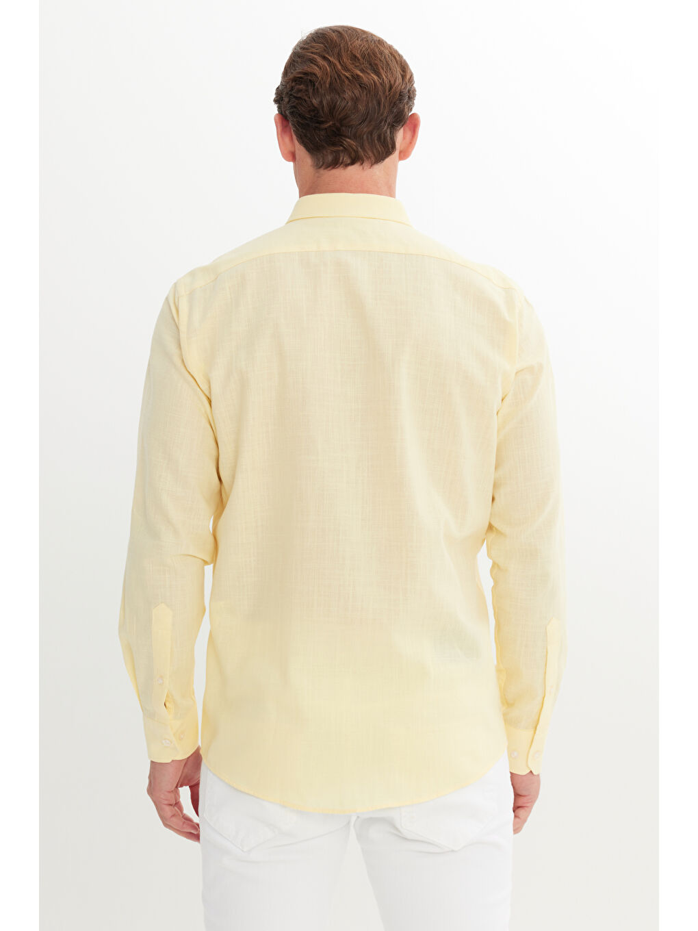 Erkek Sarı Comfort Fit Rahat Kesim Gizli Düğme Yaka %100 Pamuk Flamlı Gömlek-4