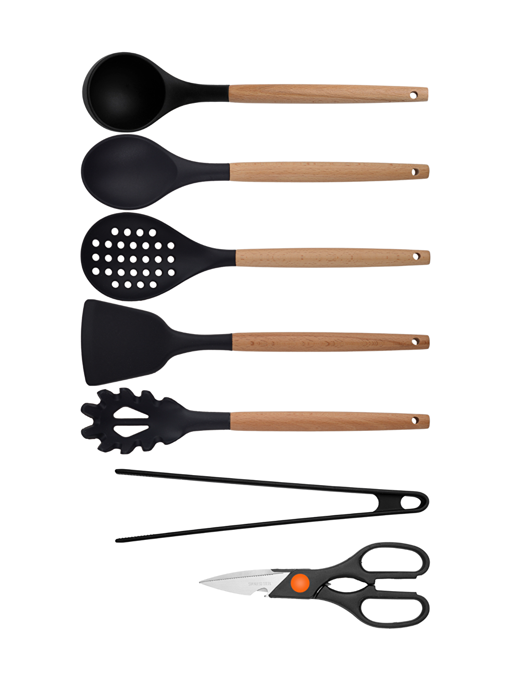 Kitchen Design Lab Koyu Siyah Siyah Bambu Silikon - Kepçe, Kaşık, Kevgir, Makarna, Açılı Spatula, Silikon Maşa, Makas 7 li Set