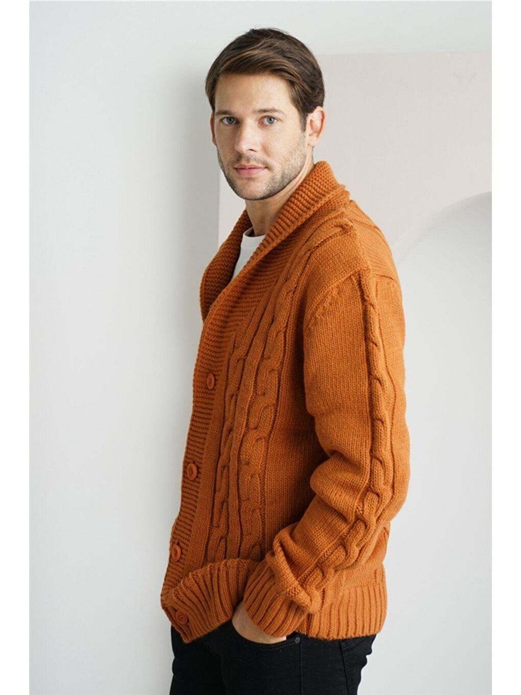 Sarı Erkek Hardal Şal Yaka Saç Örgü Triko Hırka-1