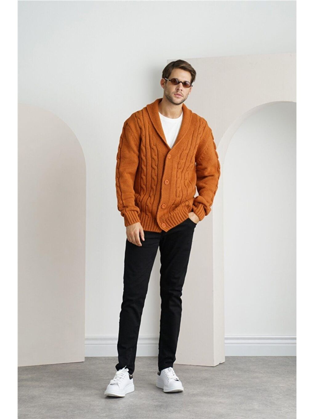 Sarı Erkek Hardal Şal Yaka Saç Örgü Triko Hırka-2