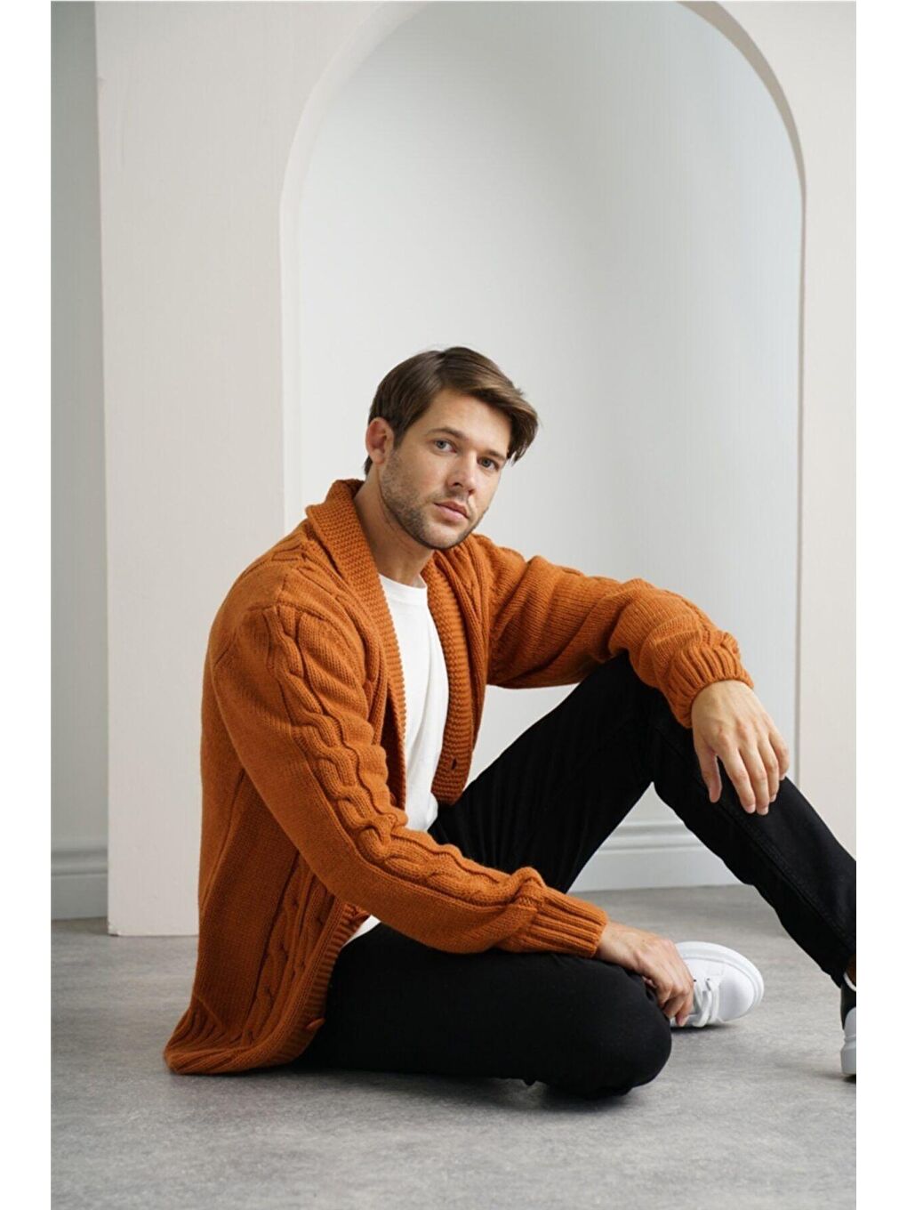 Sarı Erkek Hardal Şal Yaka Saç Örgü Triko Hırka-3