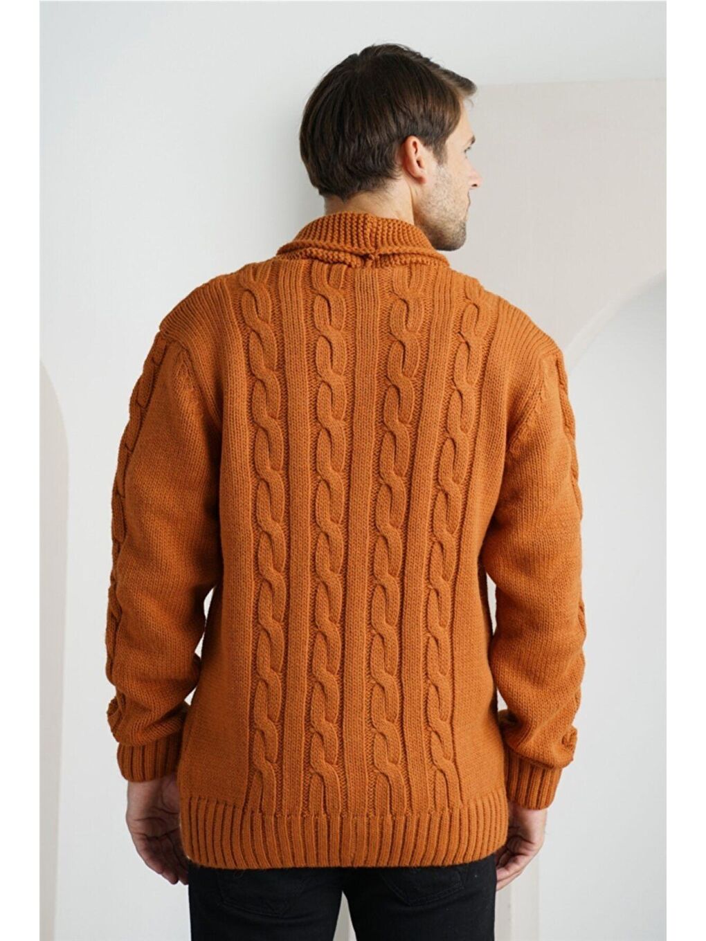 Sarı Erkek Hardal Şal Yaka Saç Örgü Triko Hırka-4