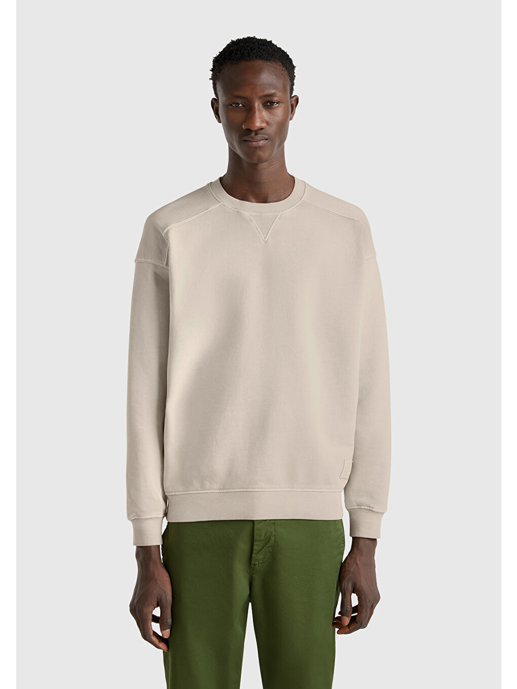 Bej Erkek Taş Rengi Pamuklu Logo Etiketi Detaylı Bisiklet Yaka Sweatshirt