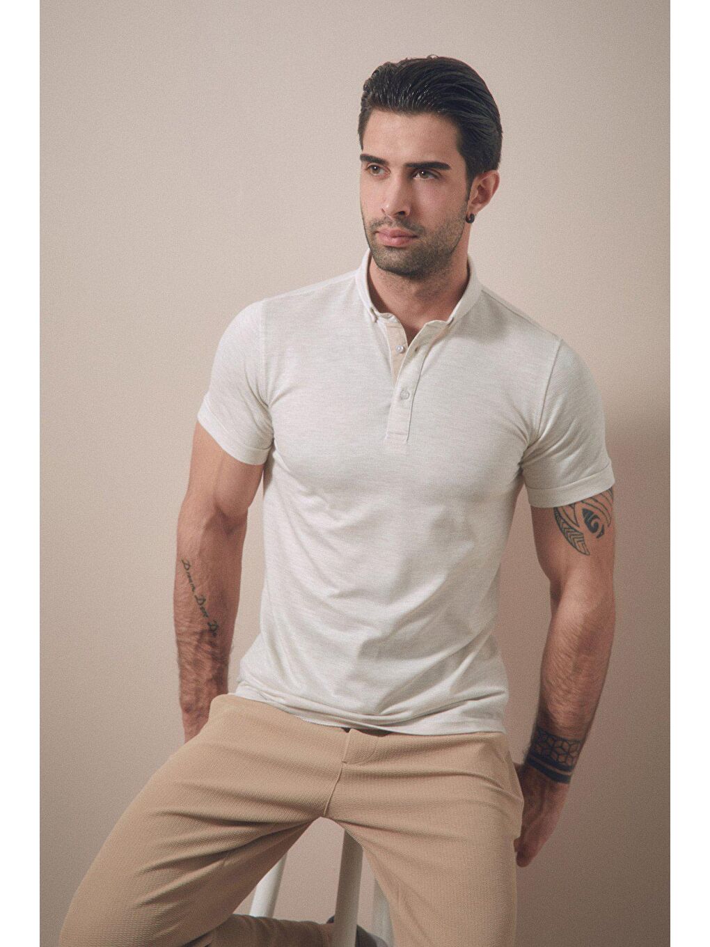 Bej Basic Polo Yaka Slim Fit Tişört