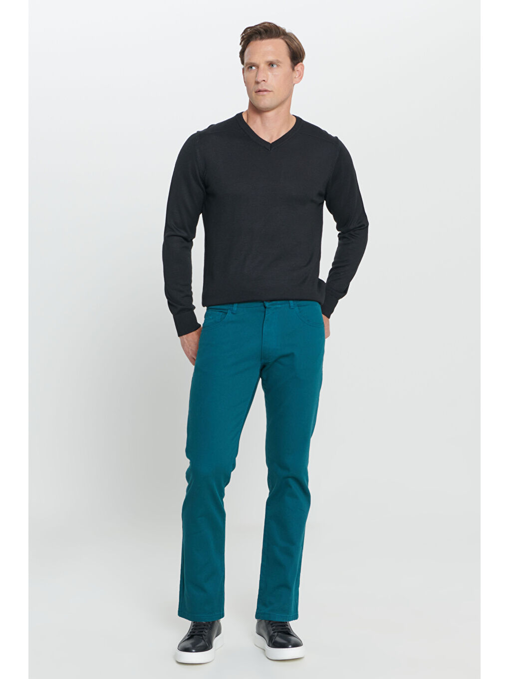 Erkek Petrol Comfort Fit Rahat Kesim 5 Cep Armürlü Pamuklu Pantolon