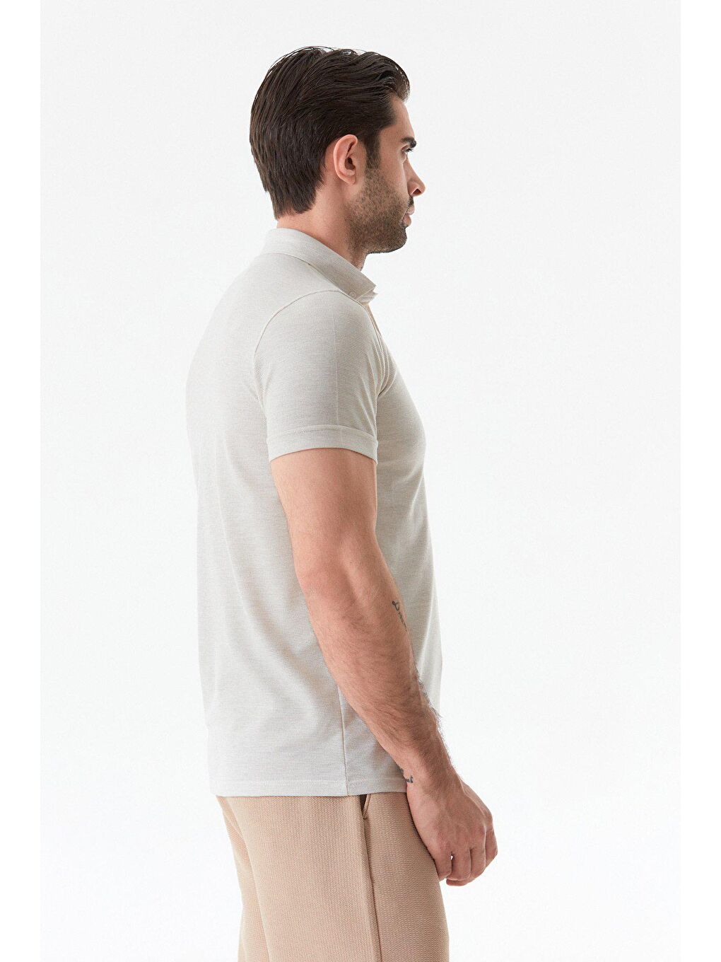 Bej Basic Polo Yaka Slim Fit Tişört-2