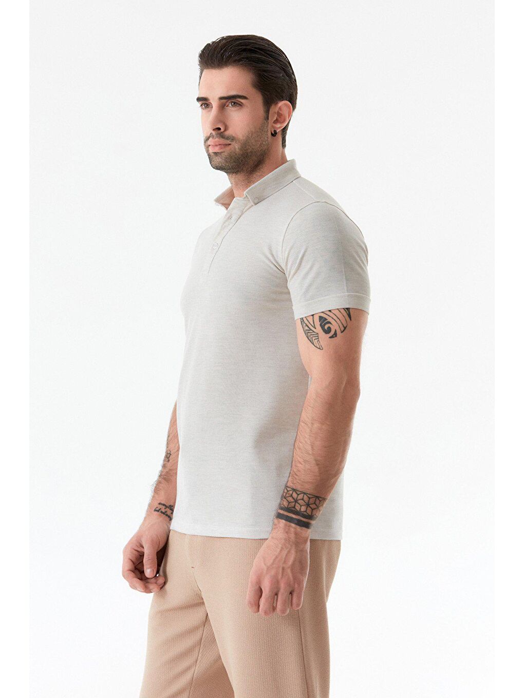 Bej Basic Polo Yaka Slim Fit Tişört-3