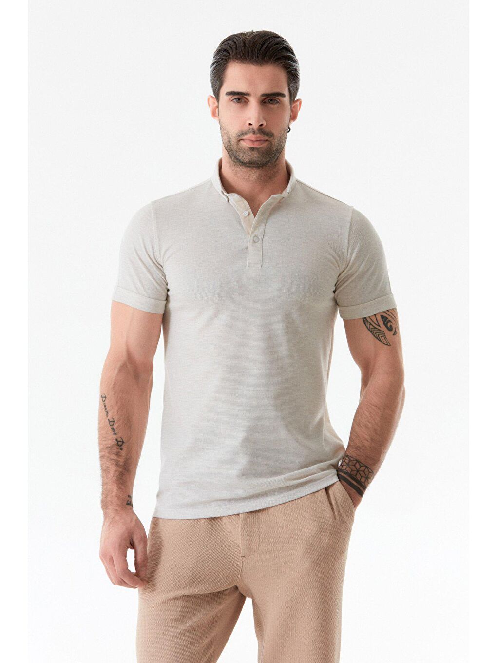 Bej Basic Polo Yaka Slim Fit Tişört-4