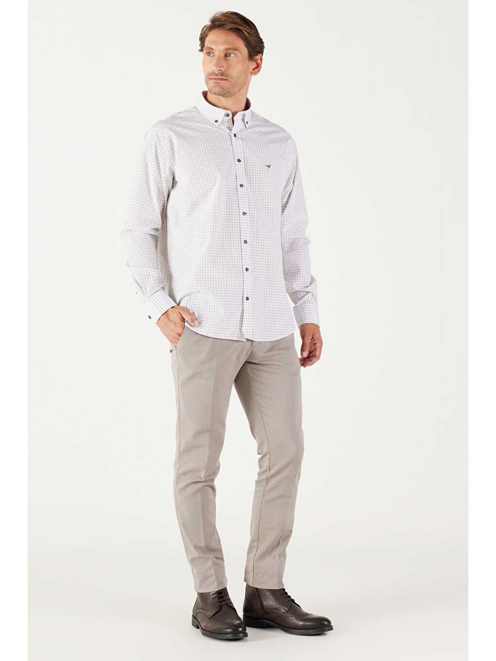 Erkek Bej Slim Fit Dar Kesim Yan Cepli Armürlü Pantolon