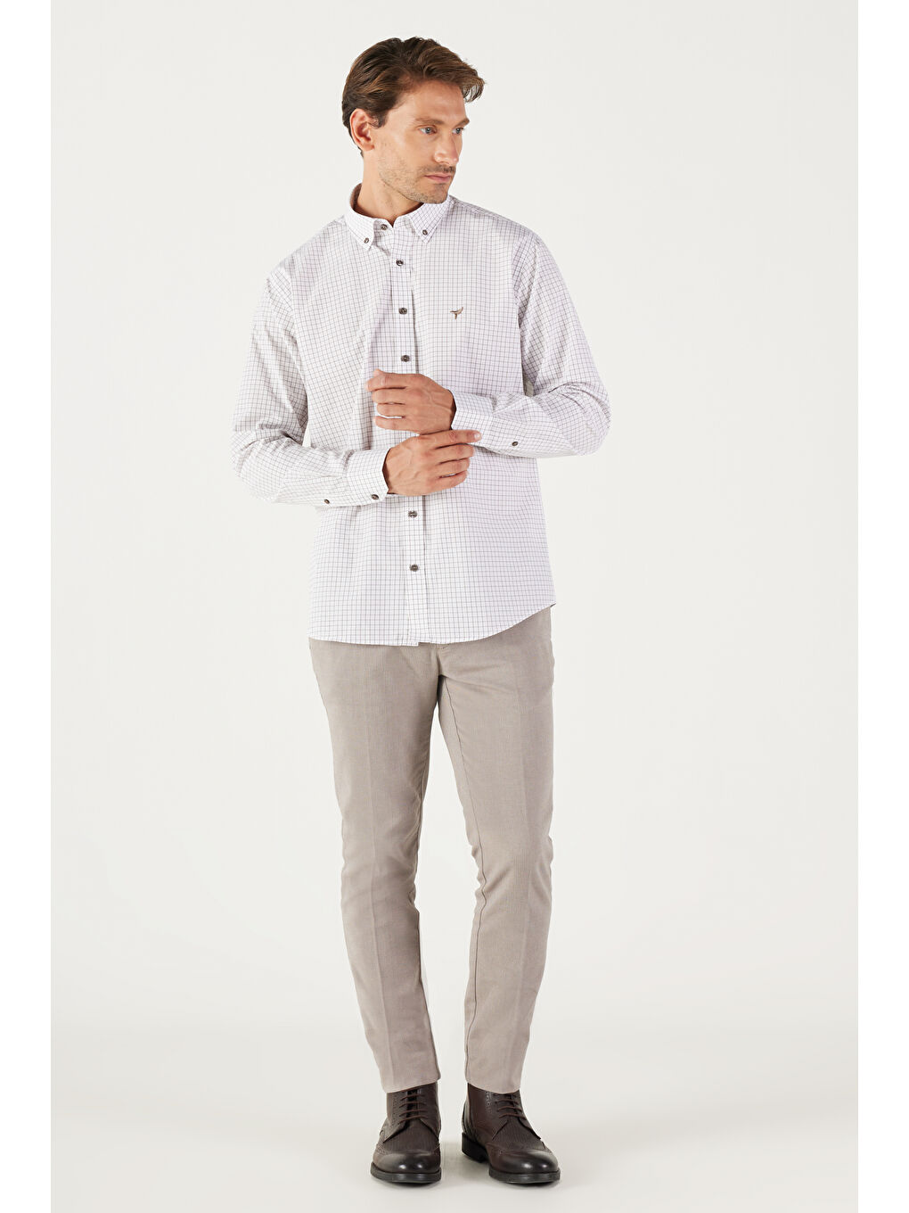 Erkek Bej Slim Fit Dar Kesim Yan Cepli Armürlü Pantolon-1