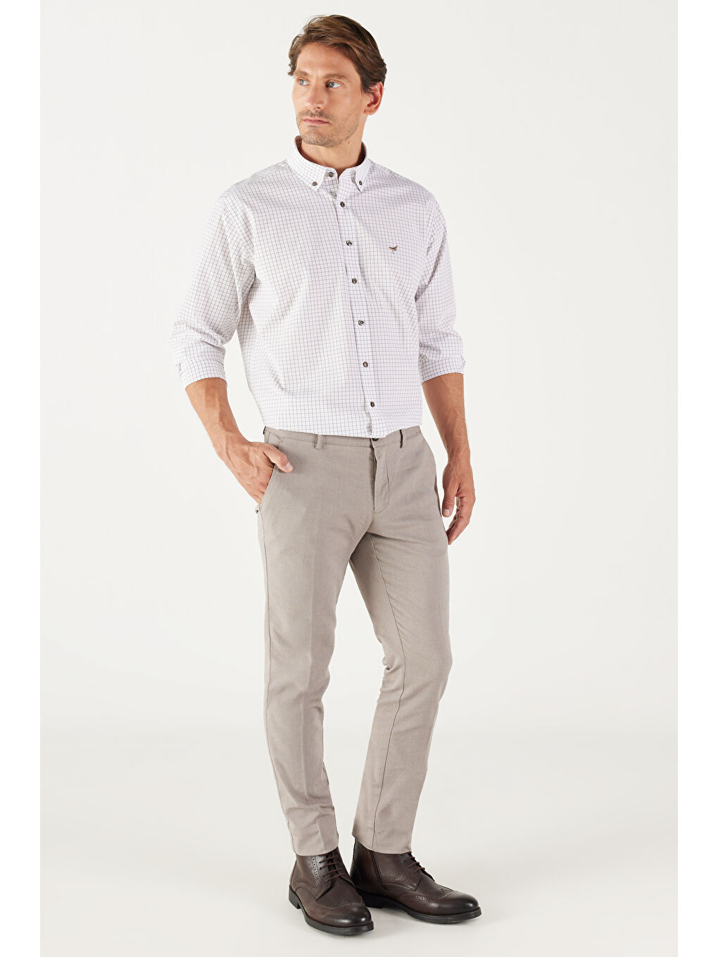 Erkek Bej Slim Fit Dar Kesim Yan Cepli Armürlü Pantolon-2