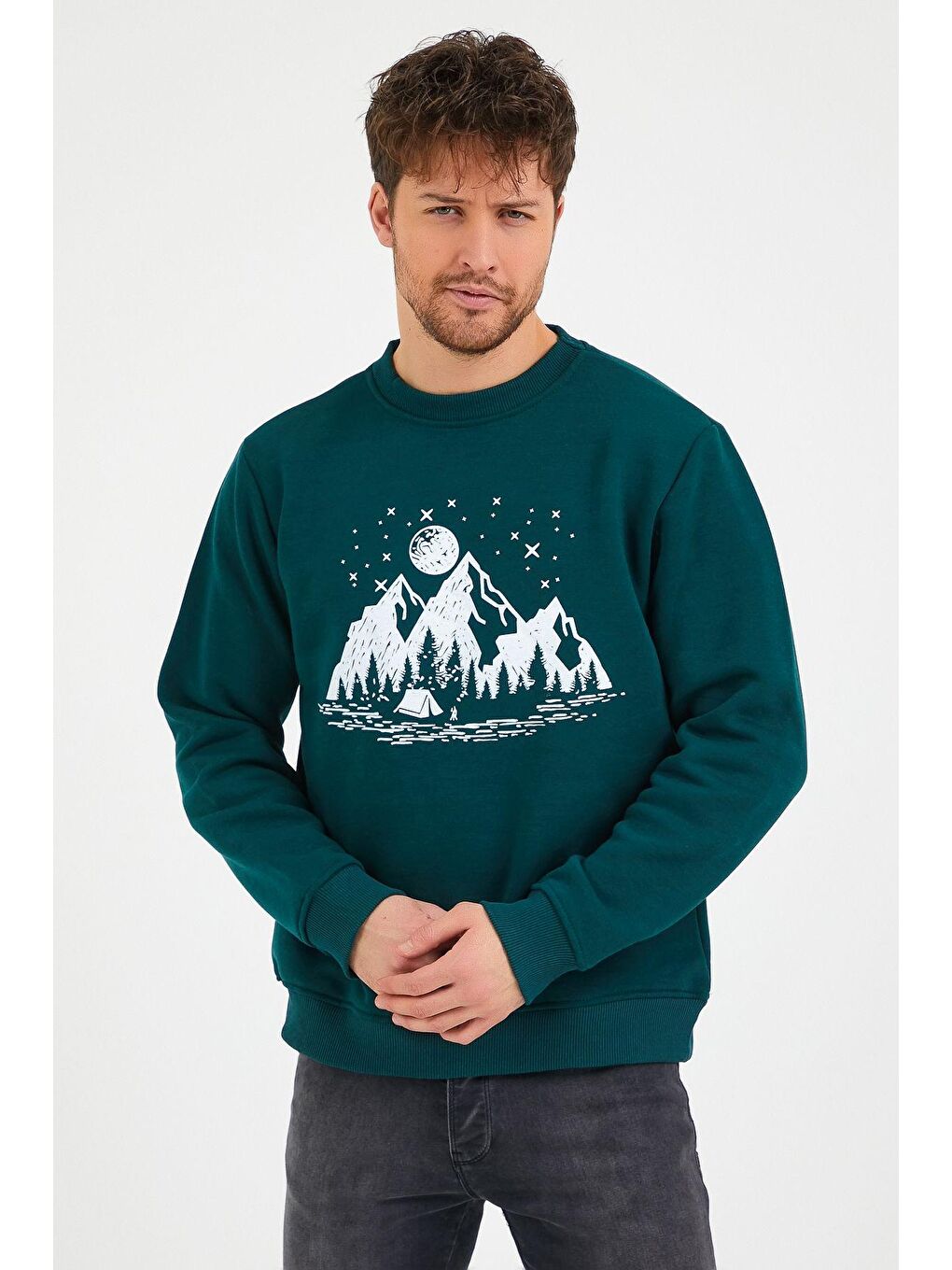 GENIUS STORE Yeşil-Beyaz Store Baskılı Erkek Sweatshırt Içi Polarlı Outdoor Normal Kalıp Sweatshırt - 4