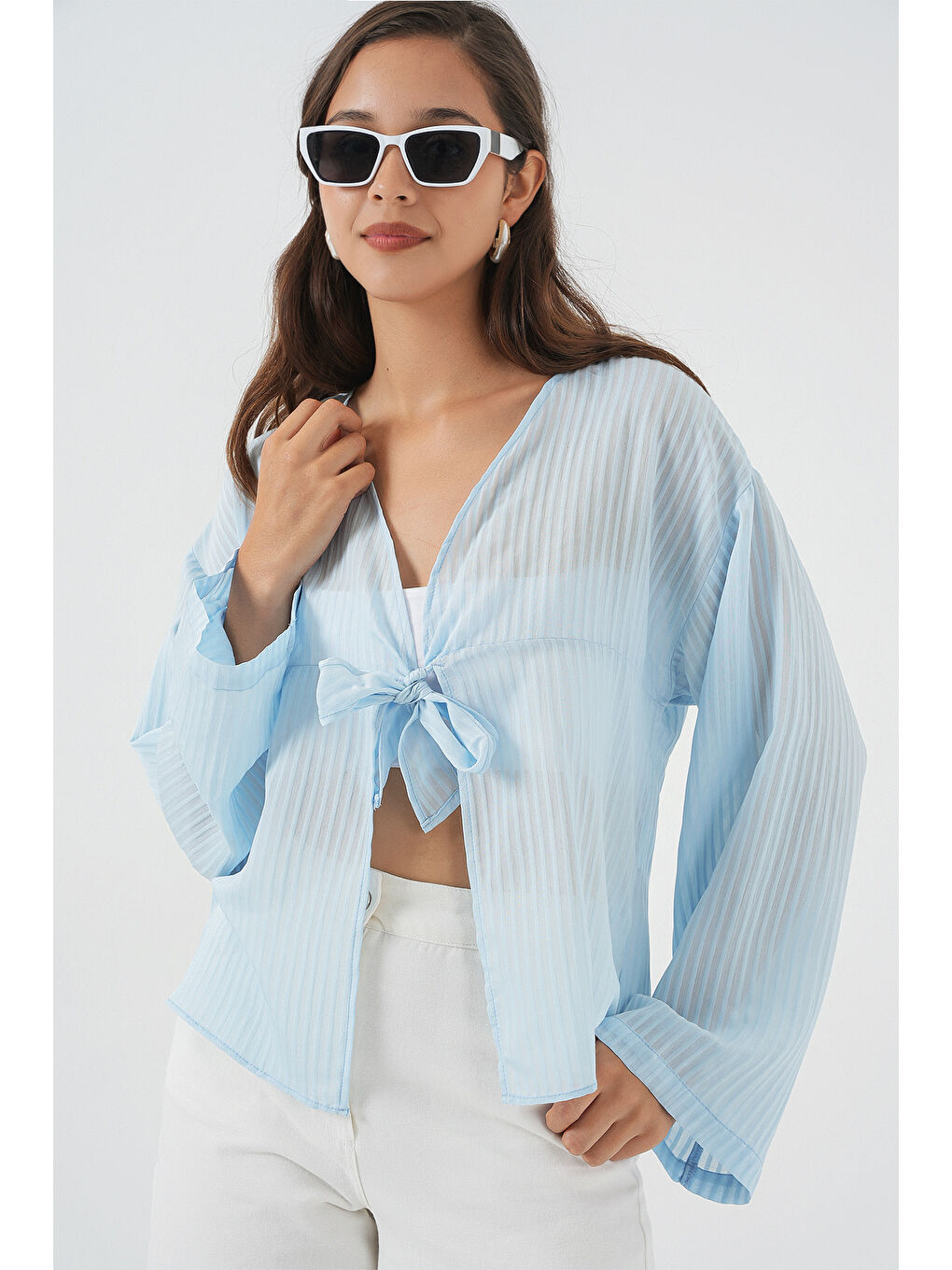 Kadın Önü Bağcıklı Bluz 952 - Mavi-2