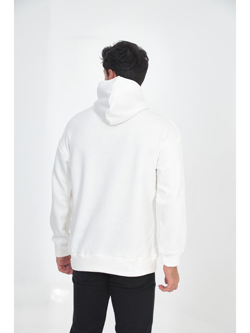 Beyaz Erkek Oversize Kanguru Cep Sweatshirt-5