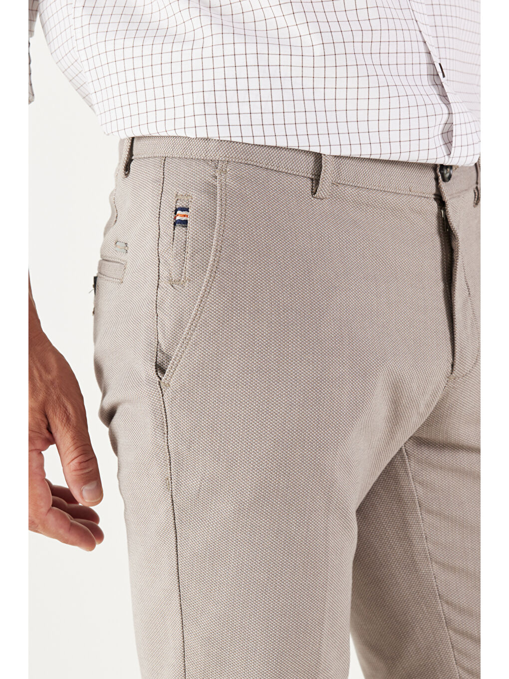 Erkek Bej Slim Fit Dar Kesim Yan Cepli Armürlü Pantolon-4