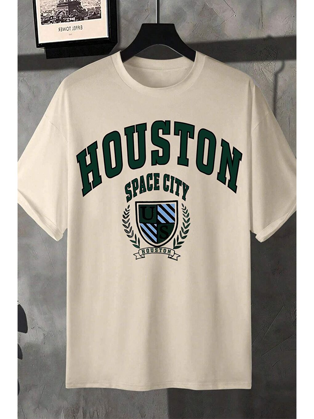 uyguntarz Bej Unisex Houston Space City Baskılı Tasarım Tshirt