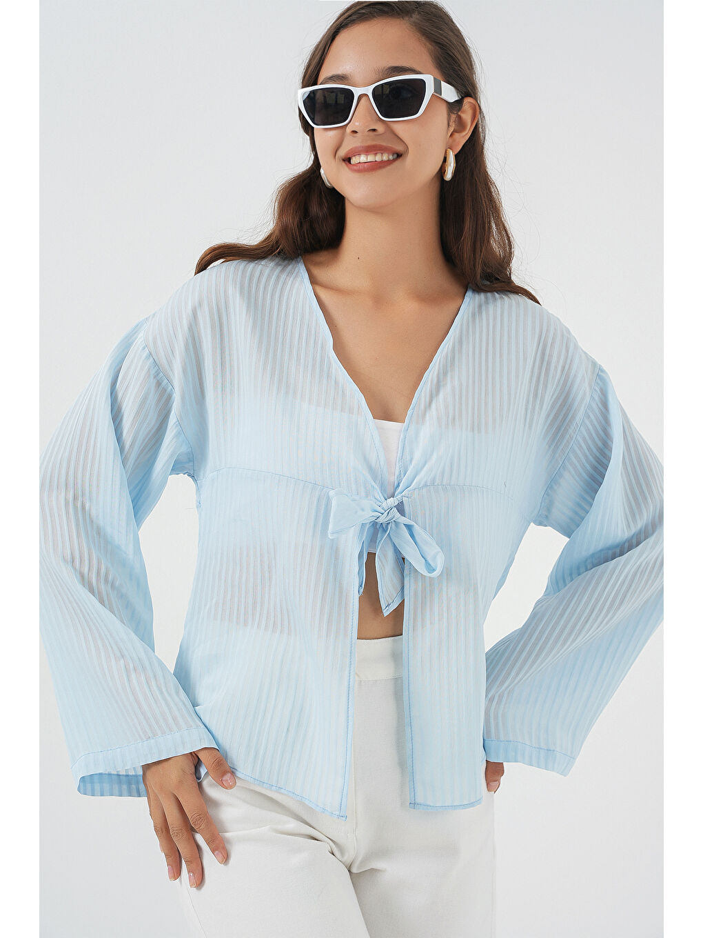 Kadın Önü Bağcıklı Bluz 952 - Mavi-4