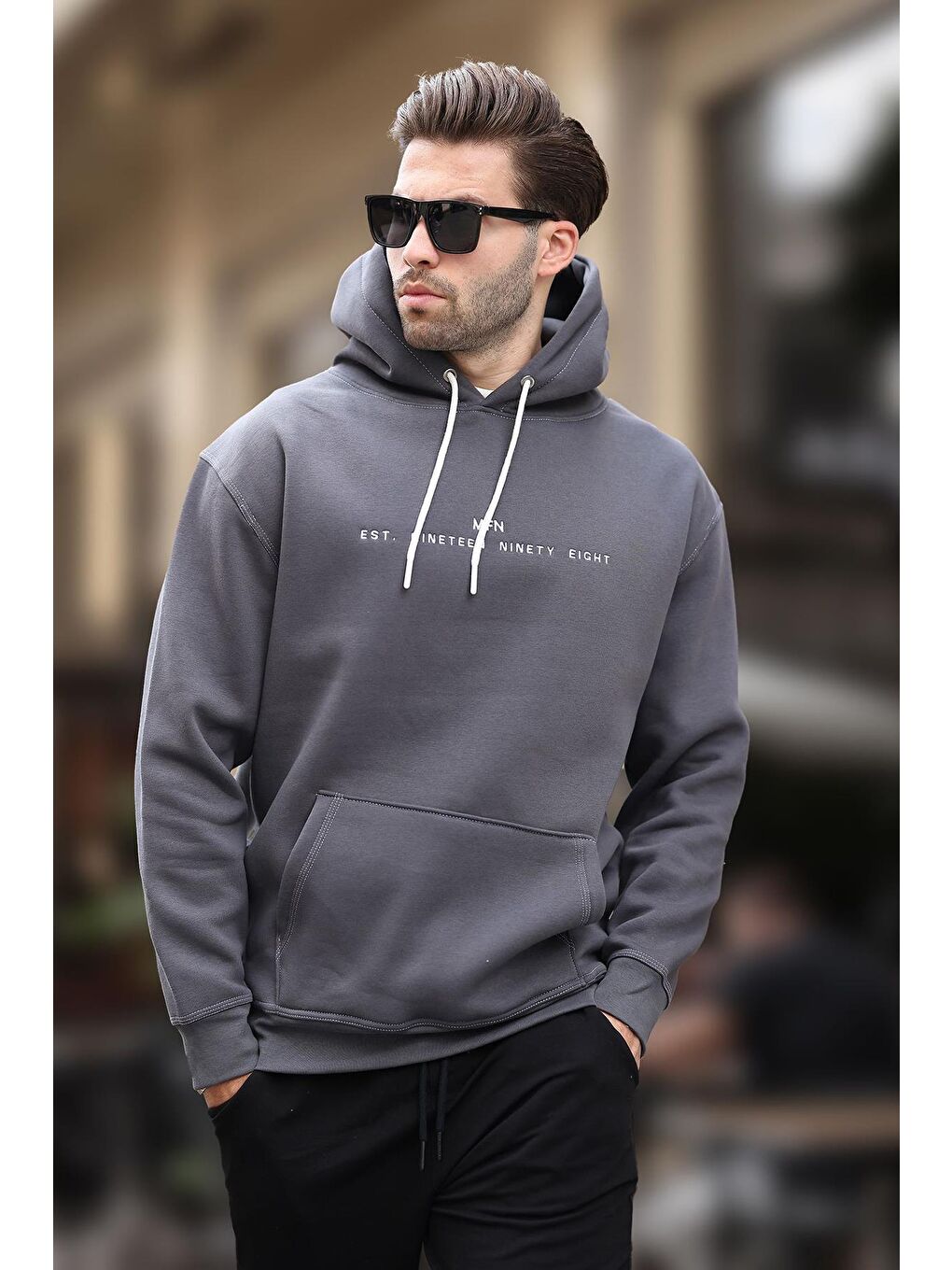 Madmext Füme Kapüşonlu Nakış Detaylı Cepli Erkek Sweatshirt