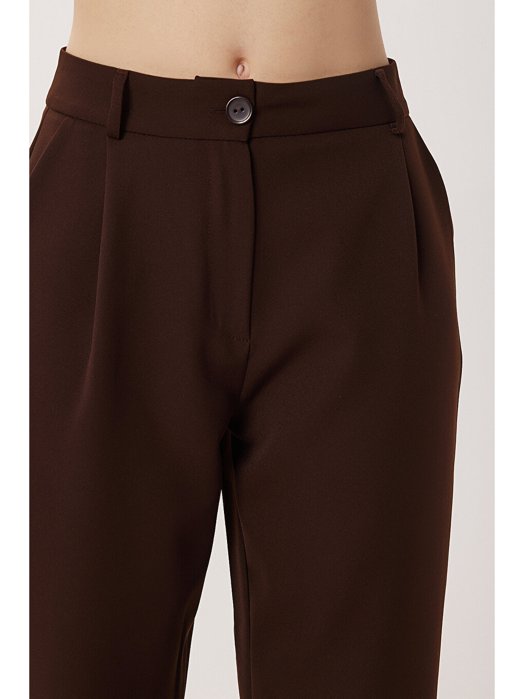 Yüksek Bel Dokuma Pantolon Kahverengi Lzv0058-3
