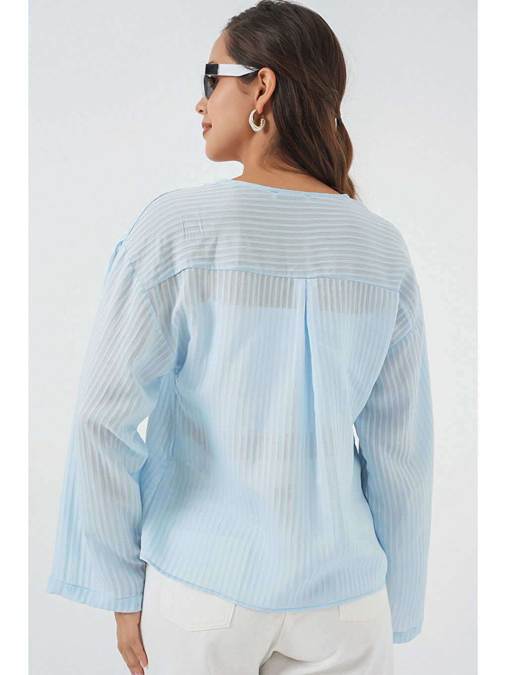 Kadın Önü Bağcıklı Bluz 952 - Mavi-5