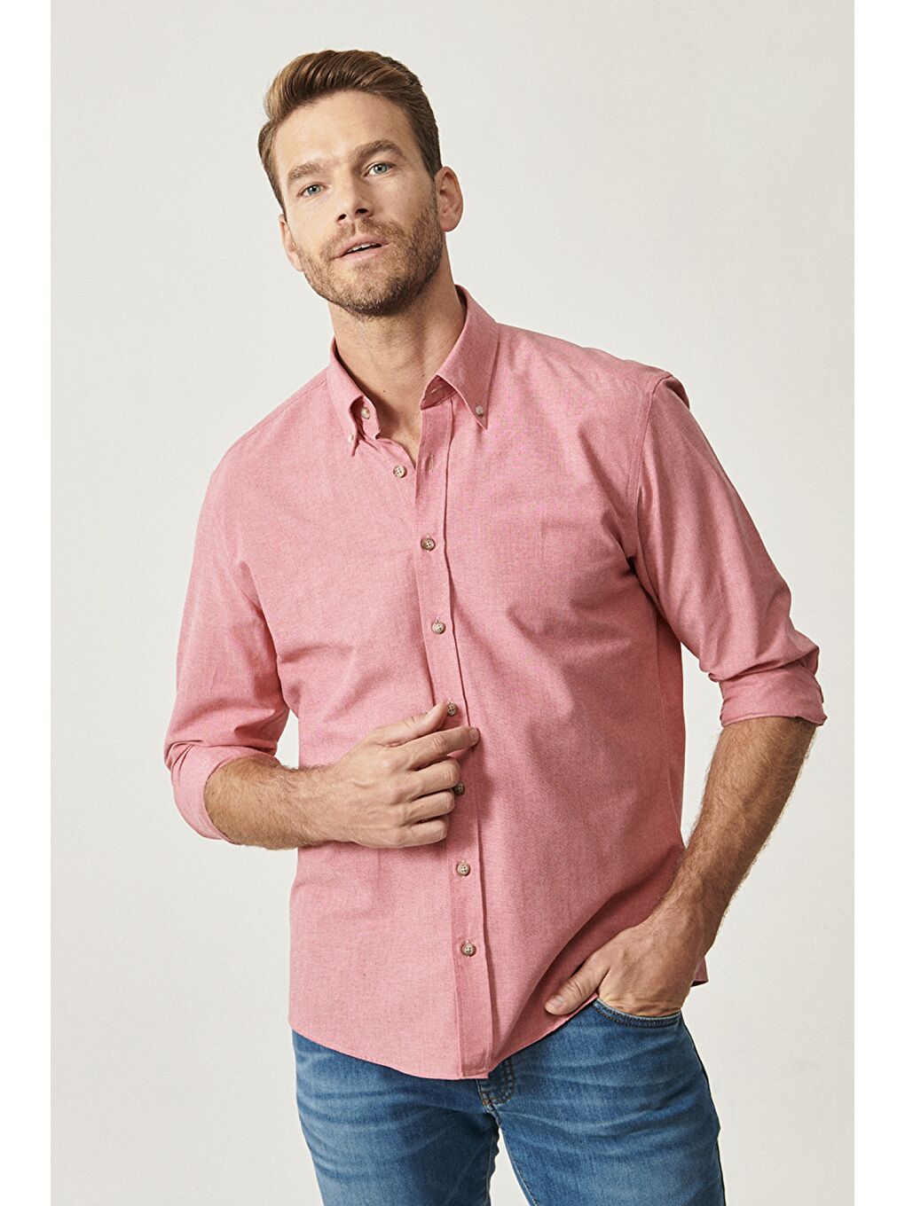 Erkek Kırmızı Slim Fit Dar Kesim Düğmeli Yaka Pamuklu Oxford Gömlek-2