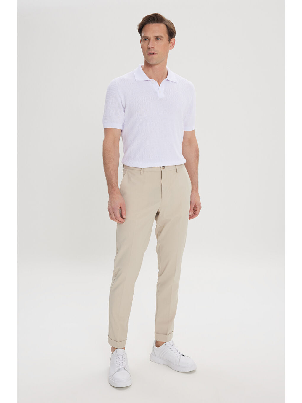 Erkek Bej Slim Fit Dar Kesim Beli Lastikli Yan Cep Rahat Pantolon