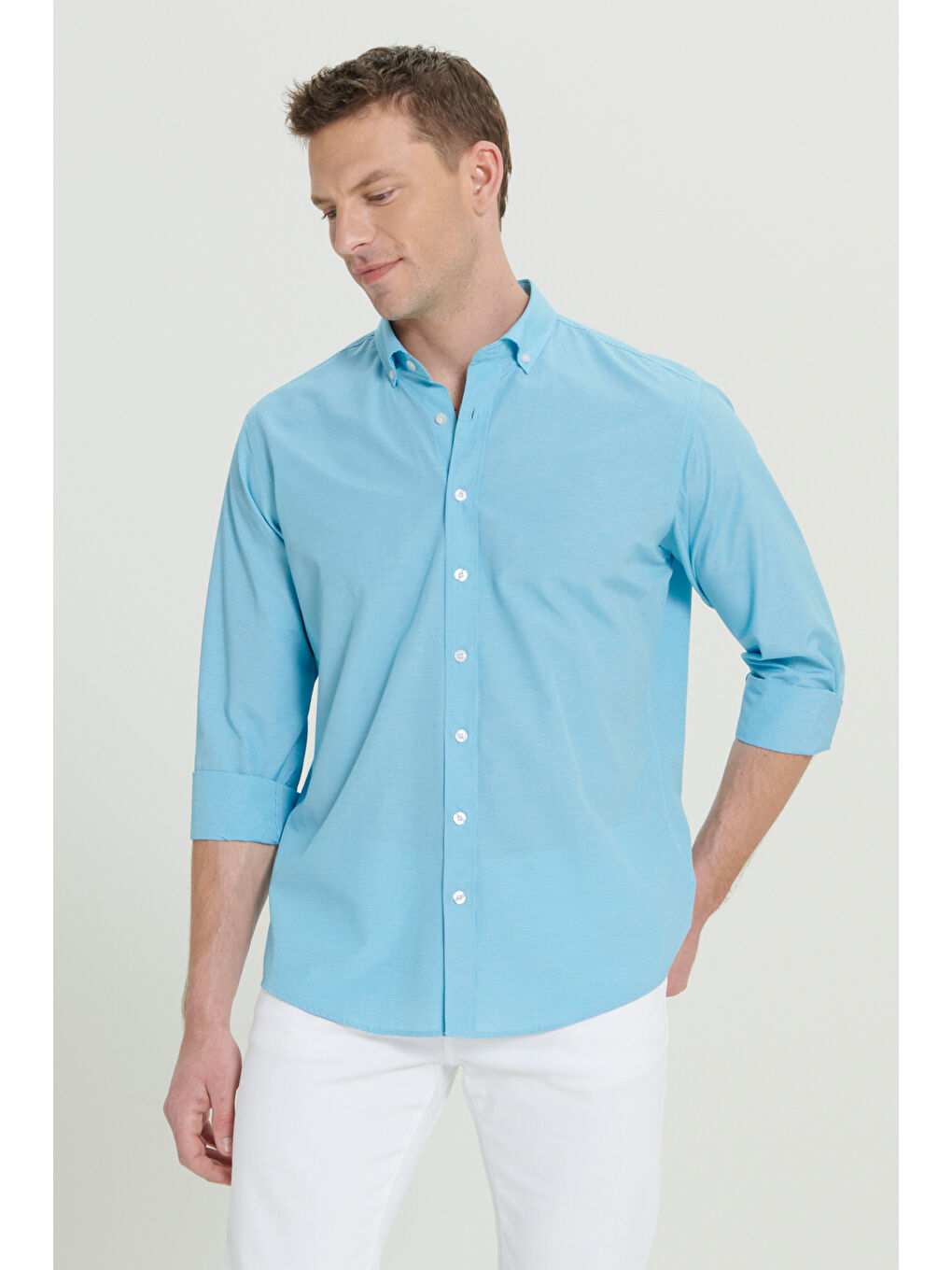 Erkek Turkuaz Comfort Fit Rahat Kesim Gizli Düğme Yaka Pamuklu Kareli Gömlek