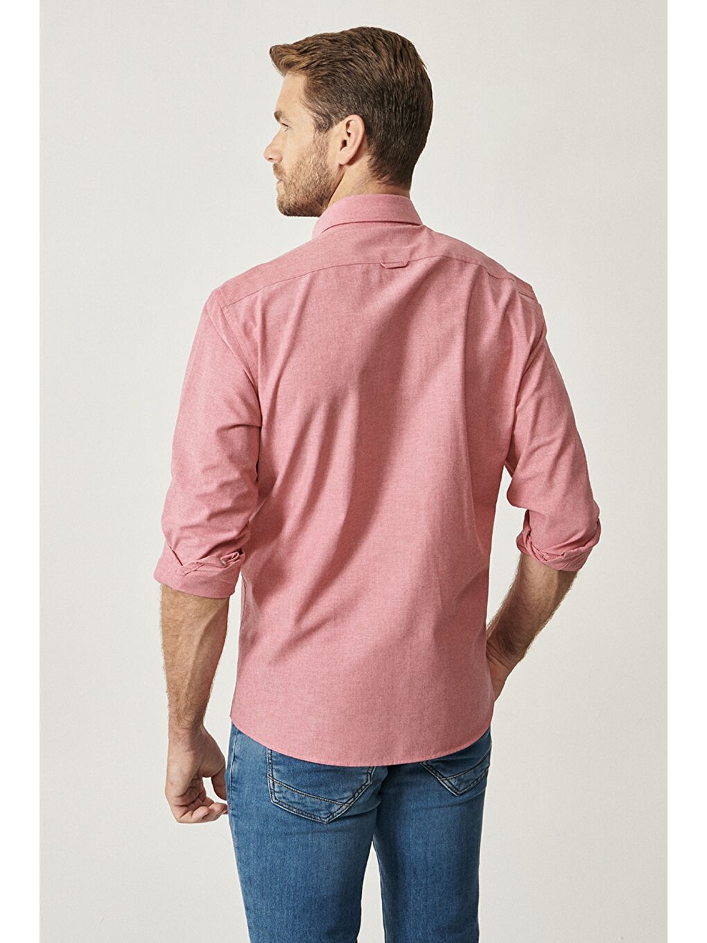 Erkek Kırmızı Slim Fit Dar Kesim Düğmeli Yaka Pamuklu Oxford Gömlek-3