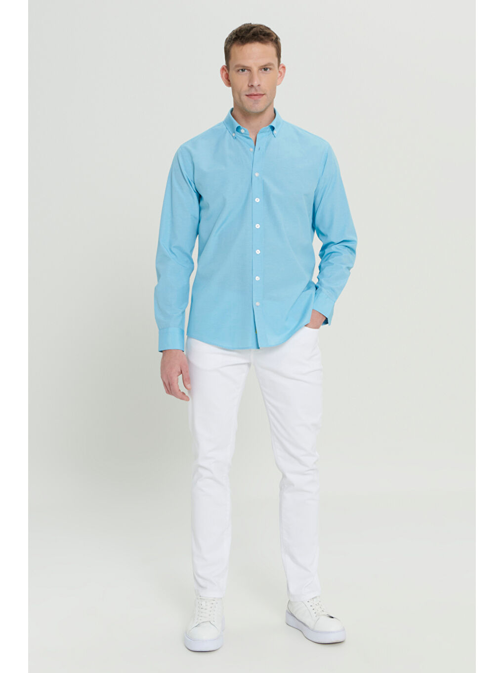 Erkek Turkuaz Comfort Fit Rahat Kesim Gizli Düğme Yaka Pamuklu Kareli Gömlek-1