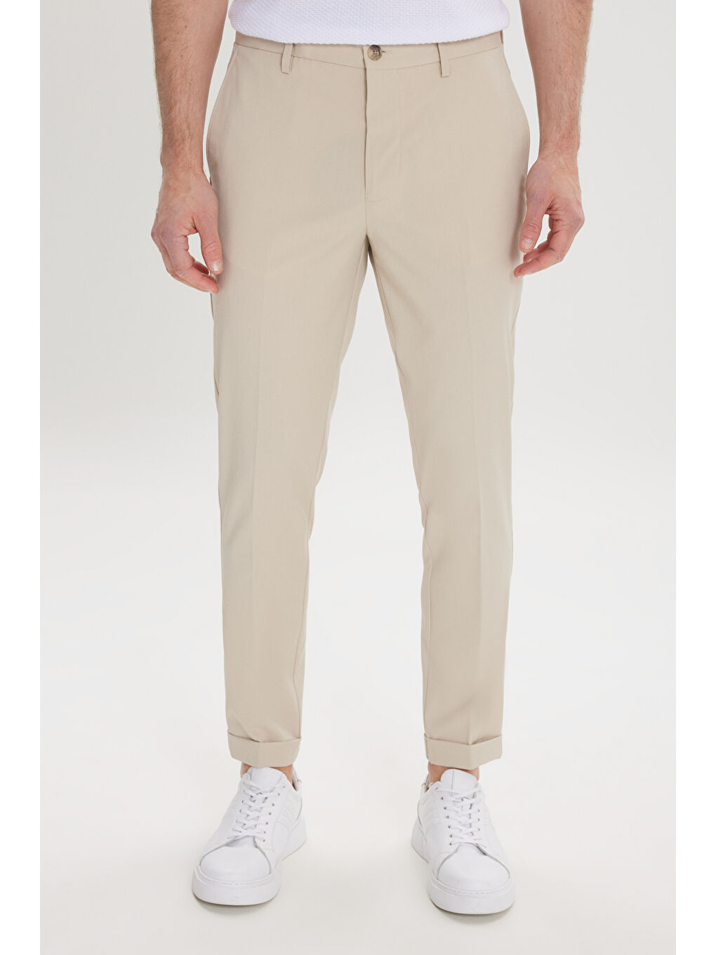 Erkek Bej Slim Fit Dar Kesim Beli Lastikli Yan Cep Rahat Pantolon-1