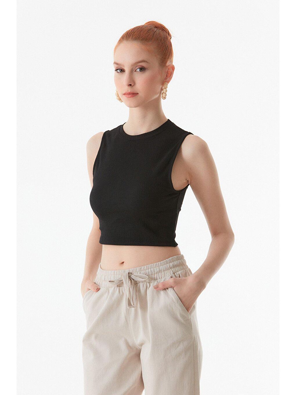 Siyah Bürümcük Kumaş Crop Body-2