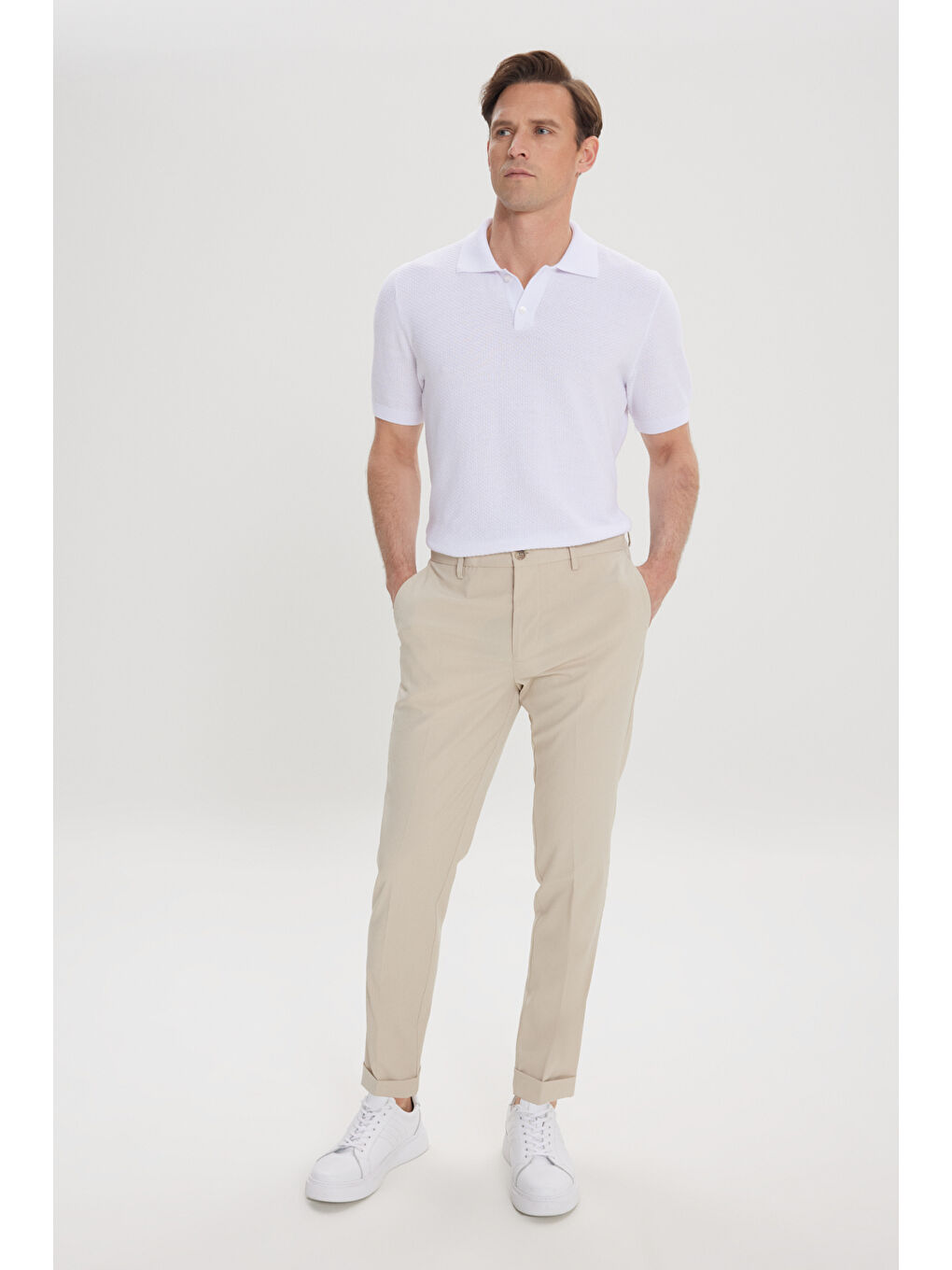 Erkek Bej Slim Fit Dar Kesim Beli Lastikli Yan Cep Rahat Pantolon-2