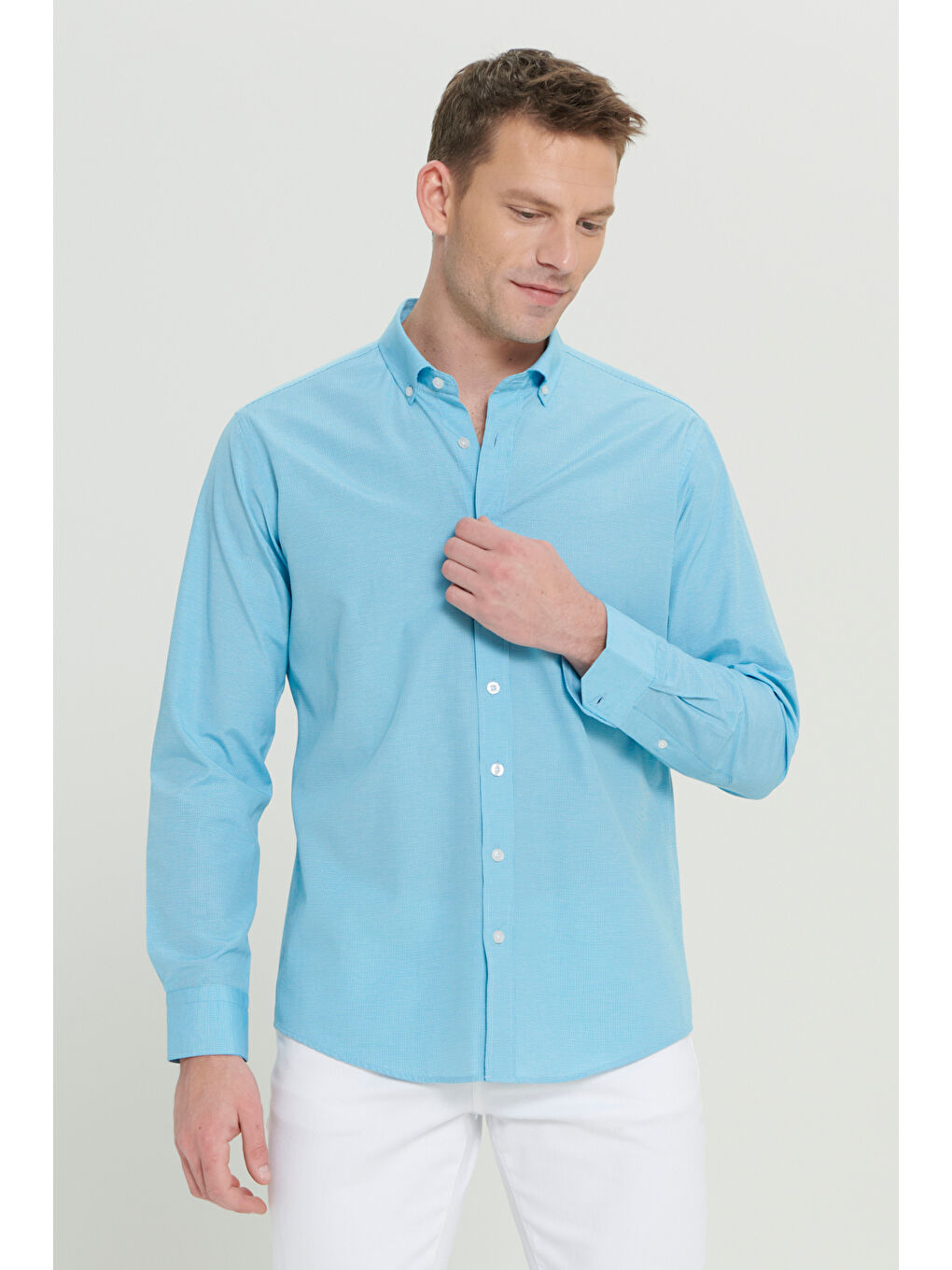 Erkek Turkuaz Comfort Fit Rahat Kesim Gizli Düğme Yaka Pamuklu Kareli Gömlek-2