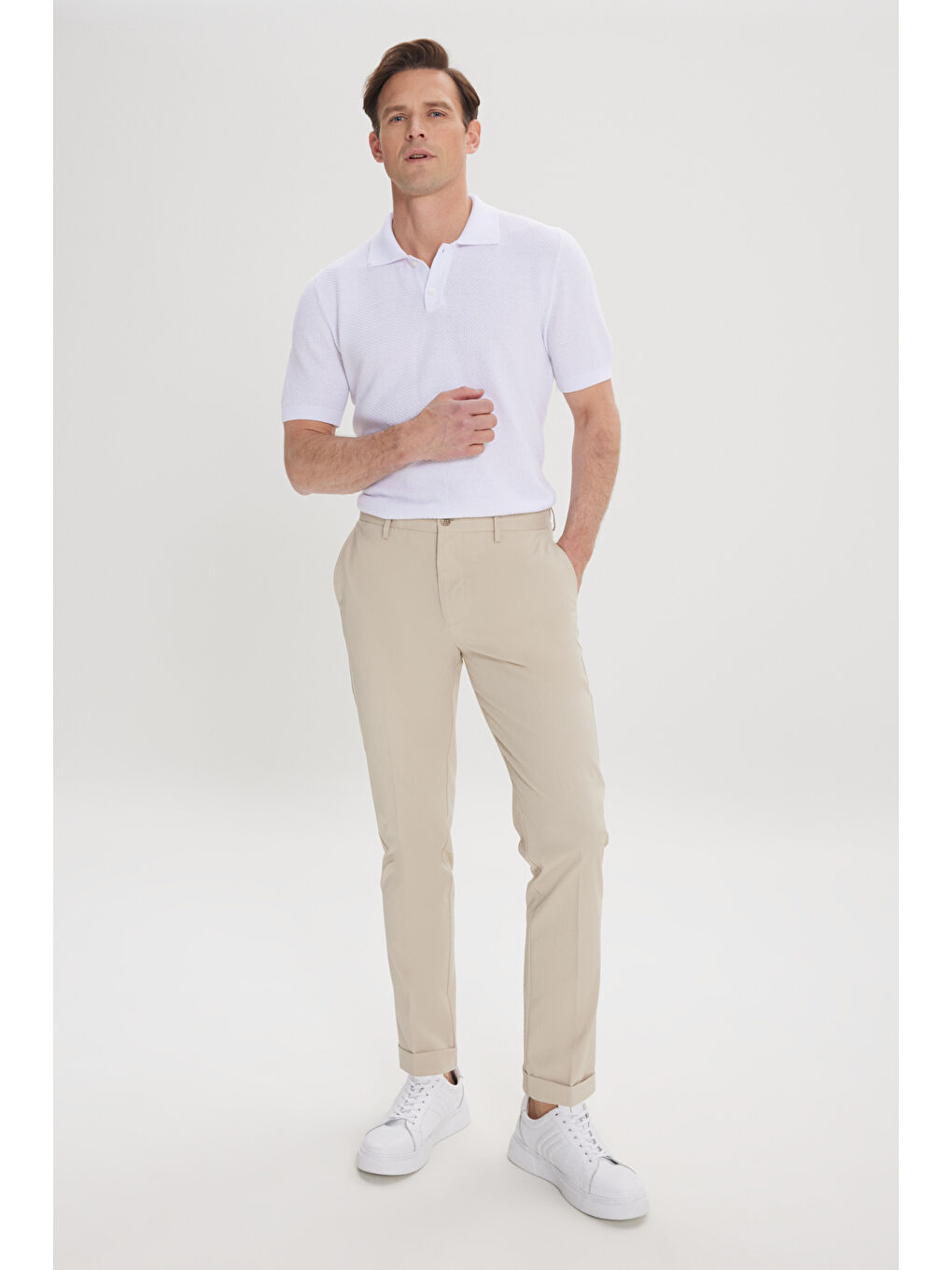 Erkek Bej Slim Fit Dar Kesim Beli Lastikli Yan Cep Rahat Pantolon-3
