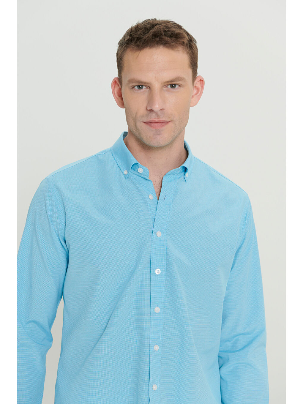 Erkek Turkuaz Comfort Fit Rahat Kesim Gizli Düğme Yaka Pamuklu Kareli Gömlek-3