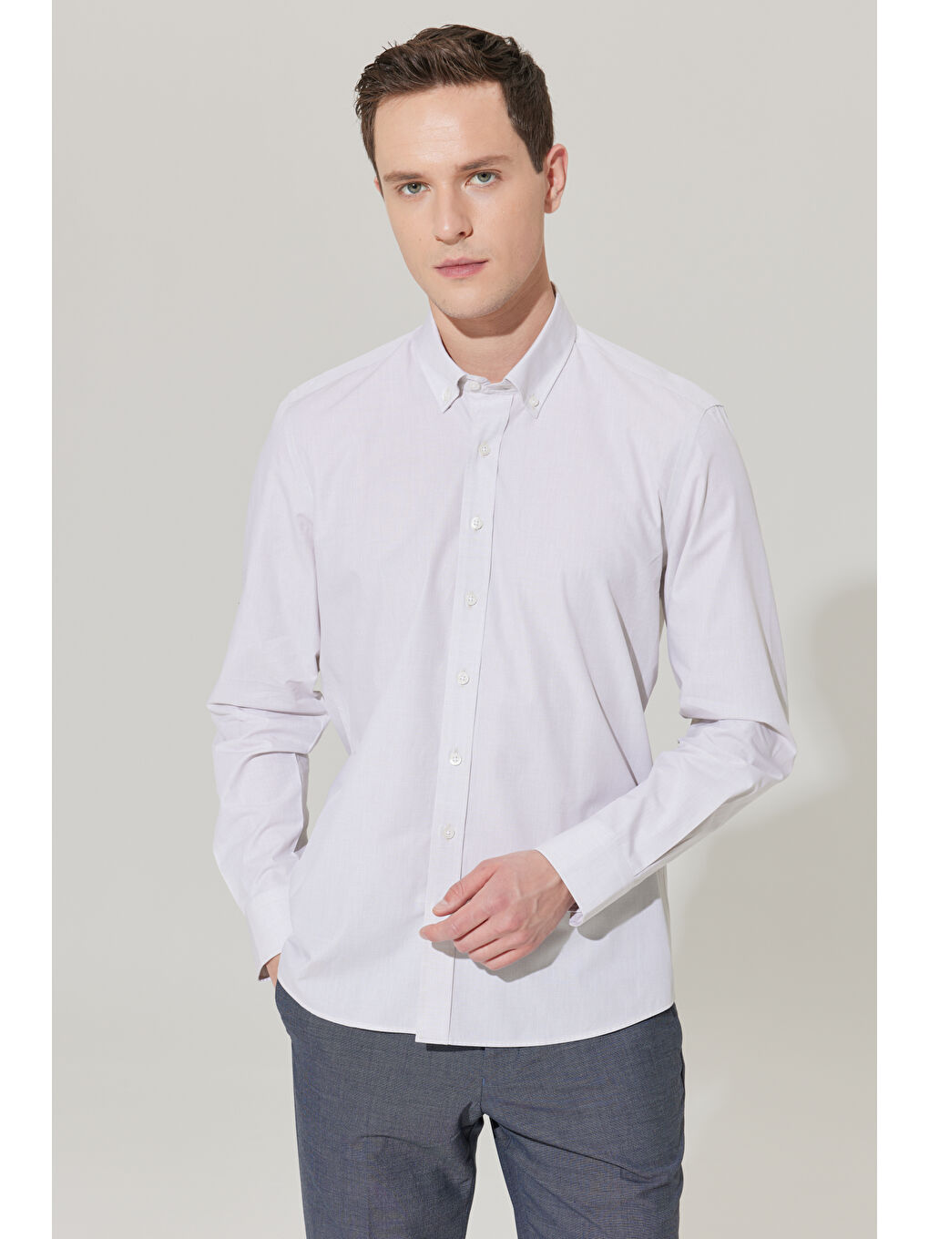 Erkek Bej Slim Fit Dar Kesim Düğmeli Yaka %100 Pamuk Gömlek-2