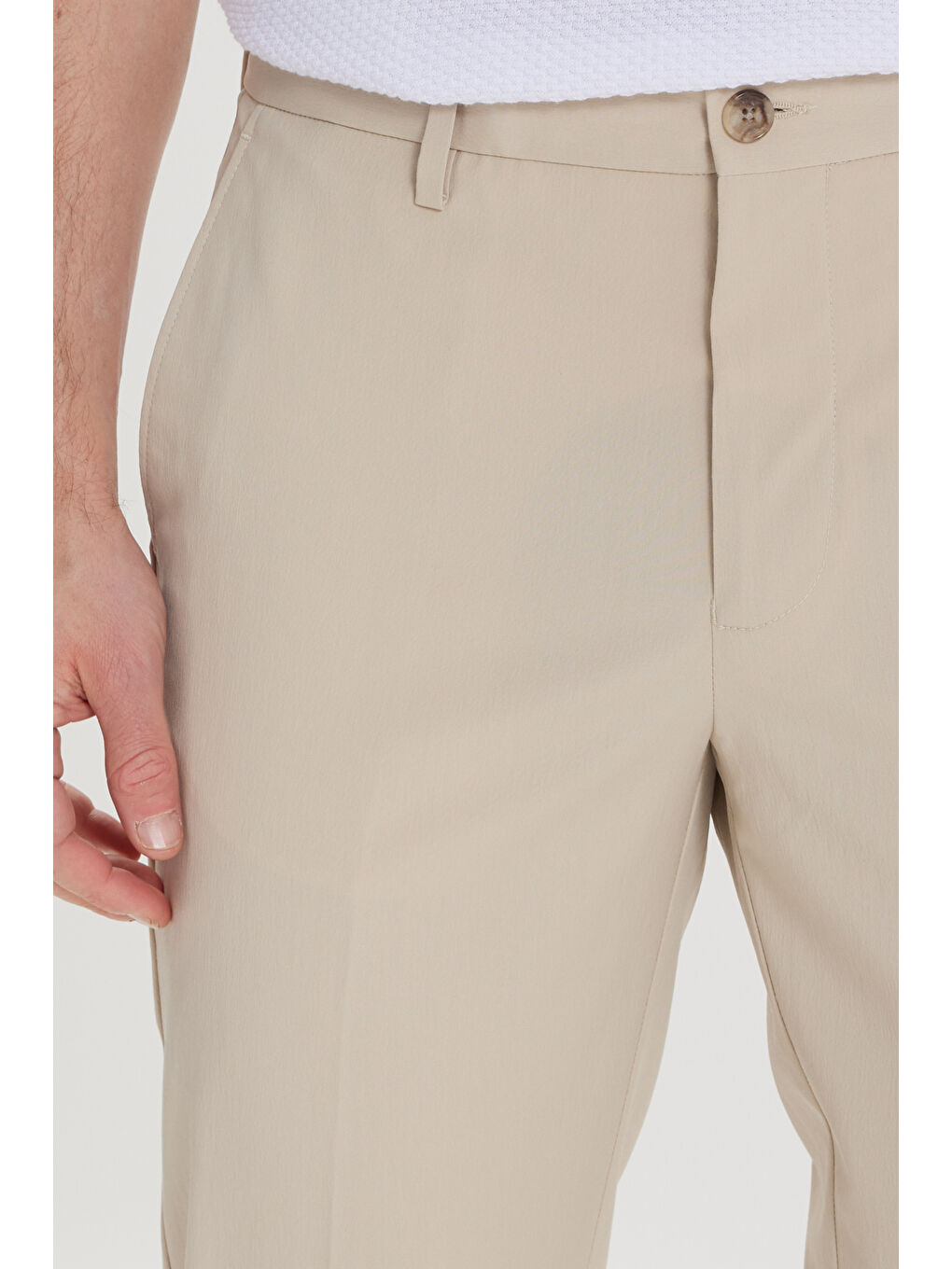 Erkek Bej Slim Fit Dar Kesim Beli Lastikli Yan Cep Rahat Pantolon-4