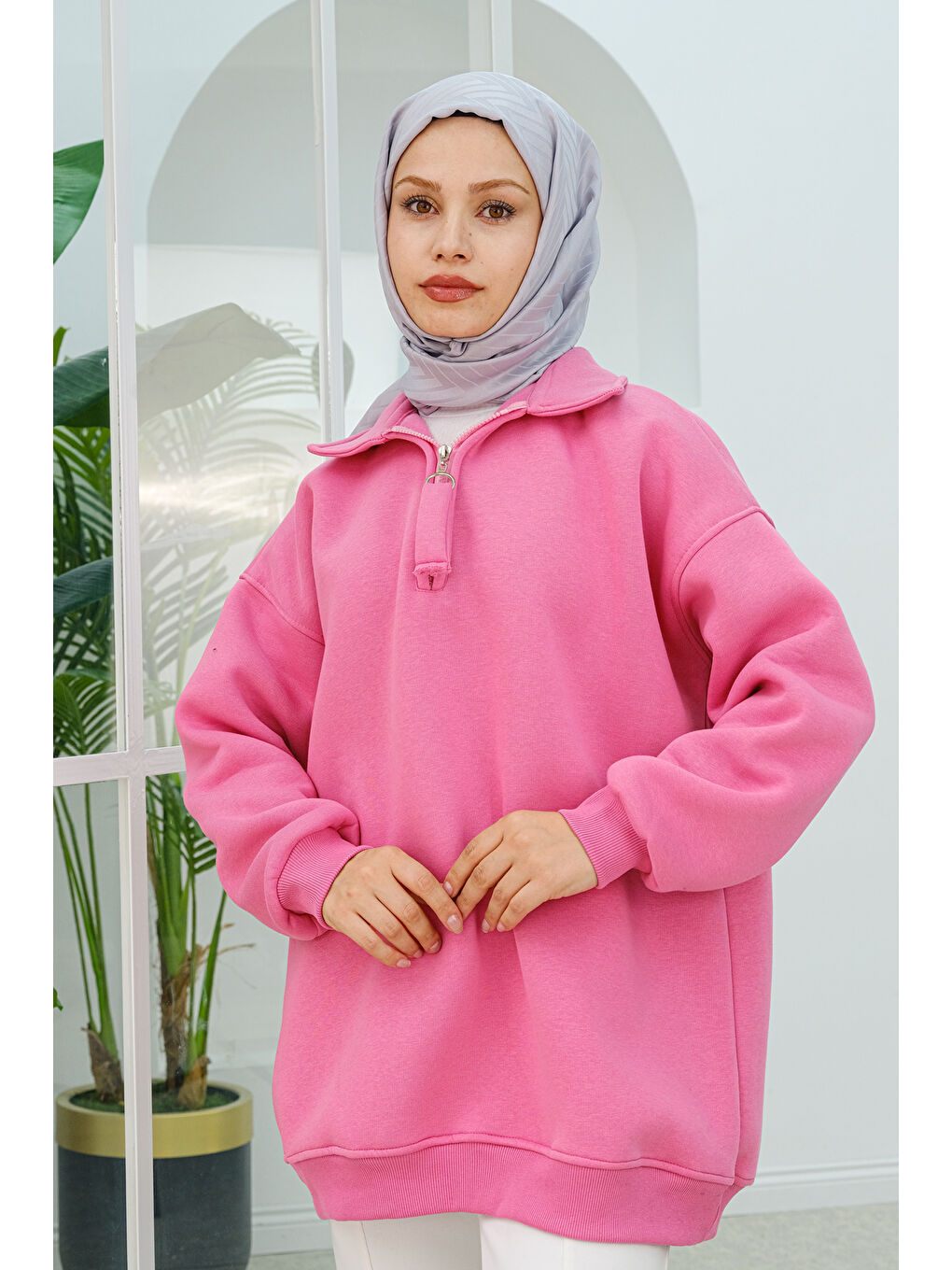 Locco Moda Yarım Fermuar Detay Sweatshirt  Pembe