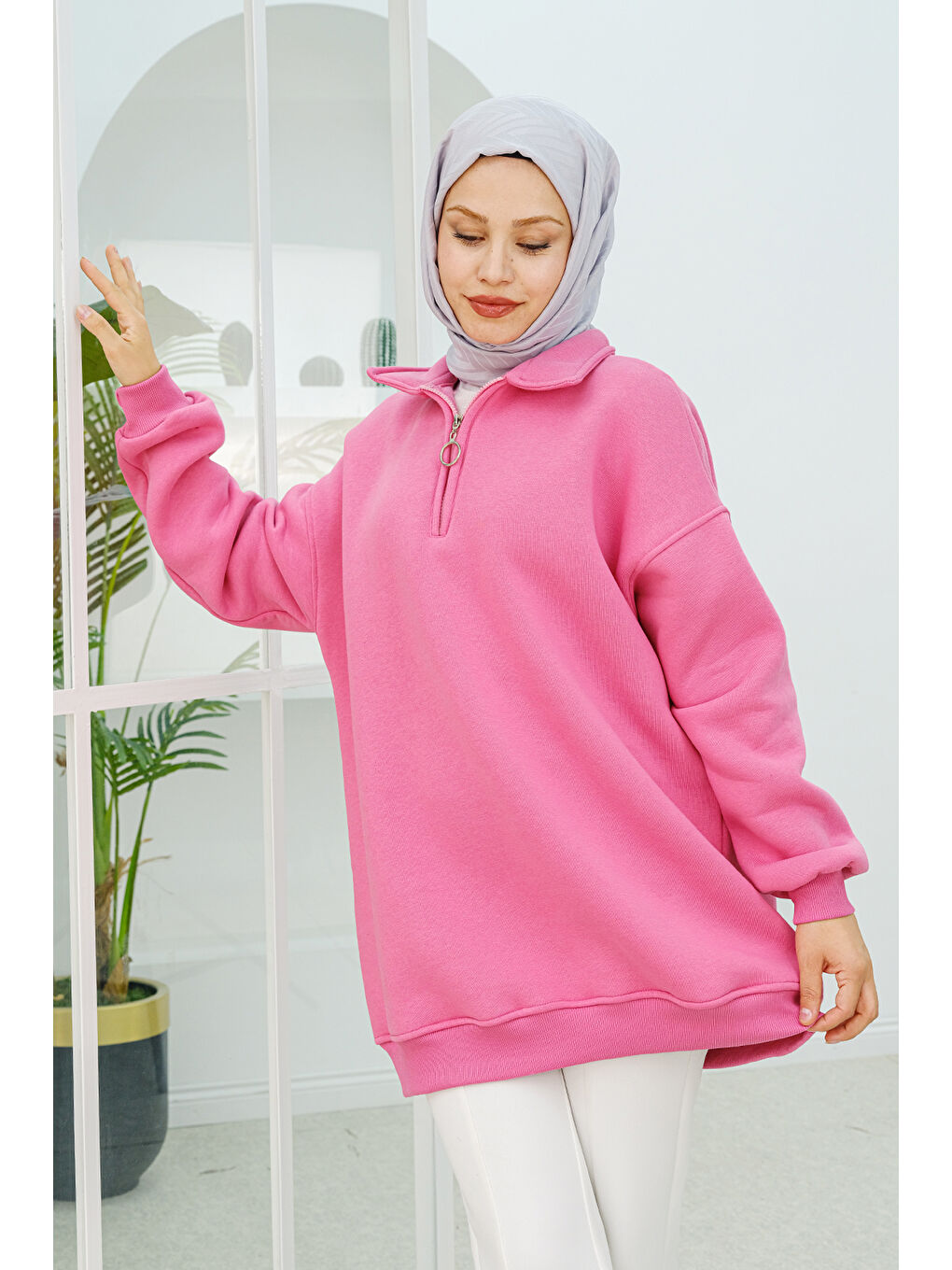 Locco Moda Yarım Fermuar Detay Sweatshirt  Pembe - 1