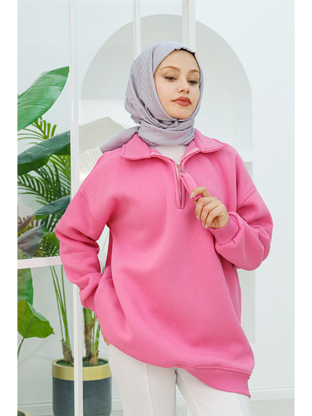 Locco Moda Yarım Fermuar Detay Sweatshirt  Pembe - 2