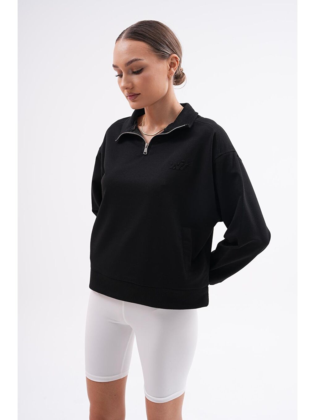 Charamela Siyah Kadın Yarım Fermuarlı Sweatshirt-BGS20