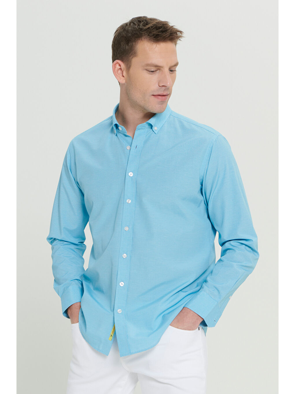 Erkek Turkuaz Comfort Fit Rahat Kesim Gizli Düğme Yaka Pamuklu Kareli Gömlek-4
