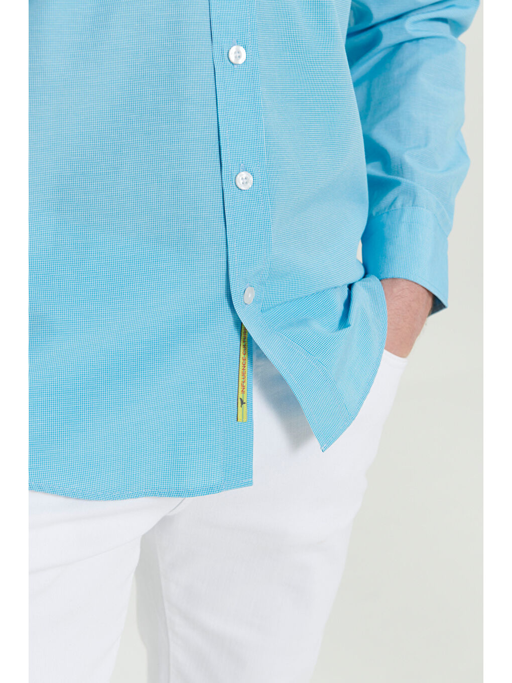 Erkek Turkuaz Comfort Fit Rahat Kesim Gizli Düğme Yaka Pamuklu Kareli Gömlek-5