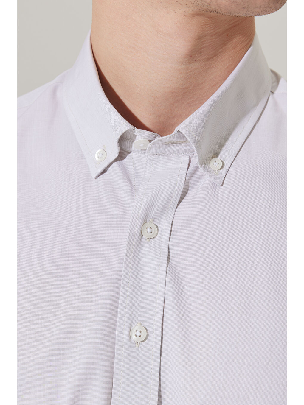 Erkek Bej Slim Fit Dar Kesim Düğmeli Yaka %100 Pamuk Gömlek-5