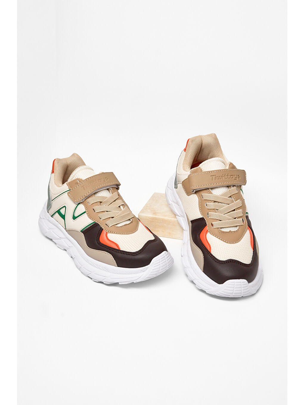 Bej Çocuk Unisex Krem Kahve Rahat Kalıp Cırtlı Bağcıklı Sneaker-4