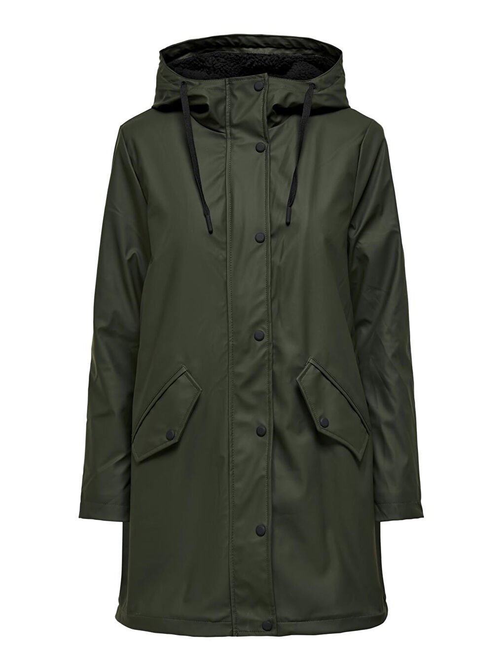 Haki Onlsally Su Geçirmez Kapüşonlu Fermuar ve Çıtçıt Kapamalı Regular Fit Kadın Mont