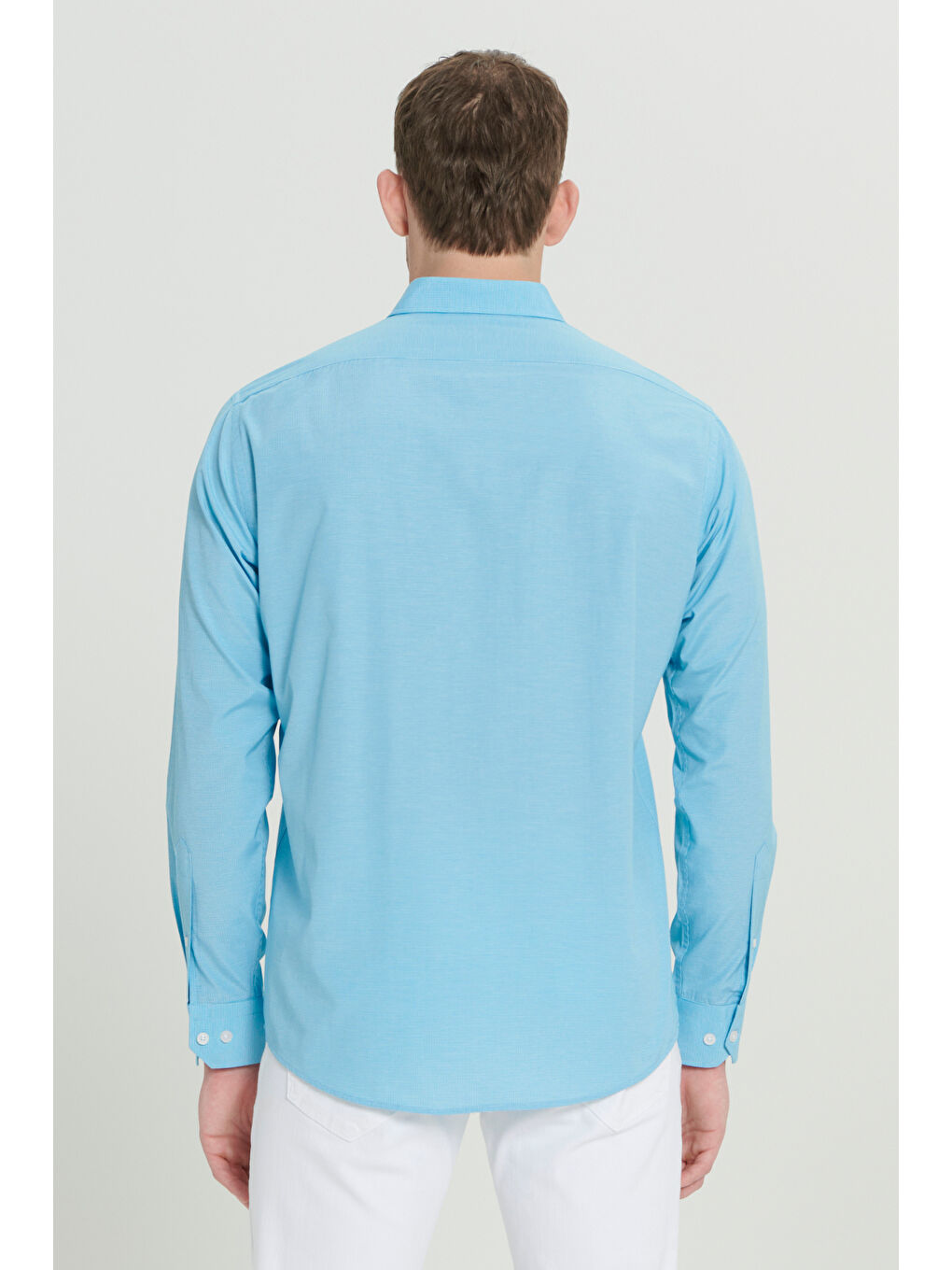 Erkek Turkuaz Comfort Fit Rahat Kesim Gizli Düğme Yaka Pamuklu Kareli Gömlek-6