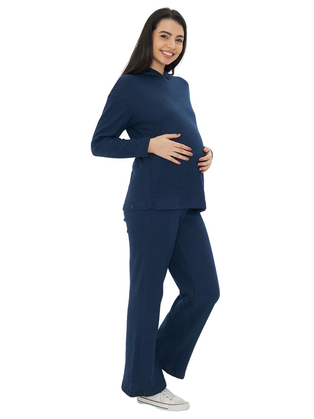 Lacivert Örme Kapüşonlu Kadın Hamile Alt Üst Takımı-1