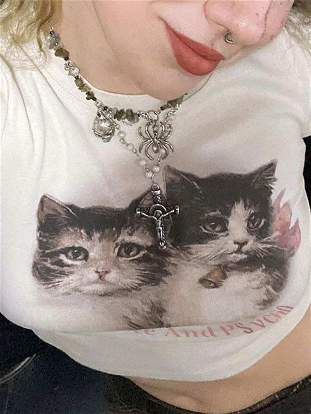 Touz Moda Beyaz Cute Kitten Ribbed Baskılı Beyaz Crop