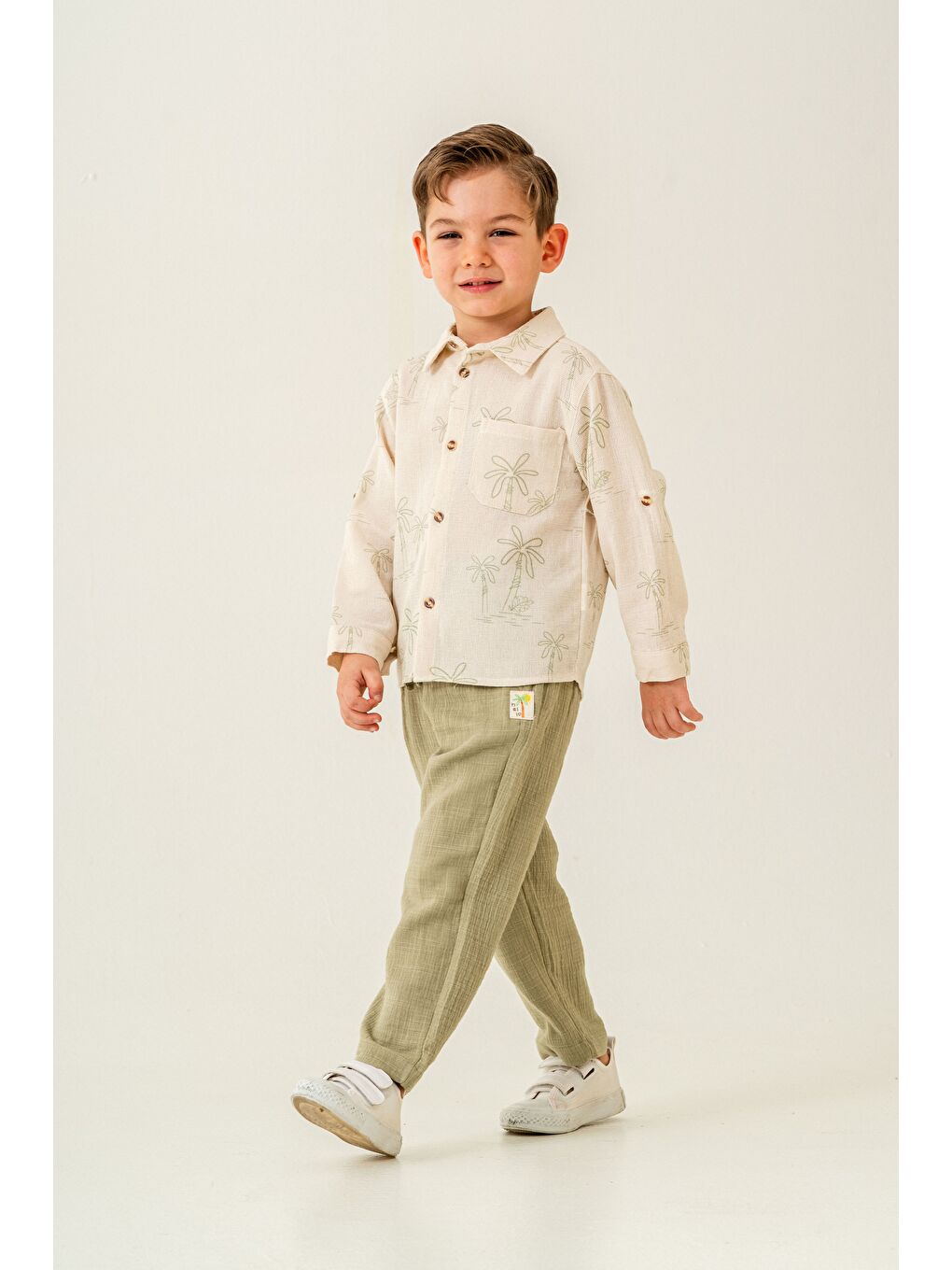 Yeşil Erkek Çocuk Keten Gömlek Müslin Pantolon Takım 2-5 Yaş
